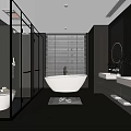 Modern Bathroom Interior Design With White Bathtub Large Window Blinds Double Vanities And Round Mirrors