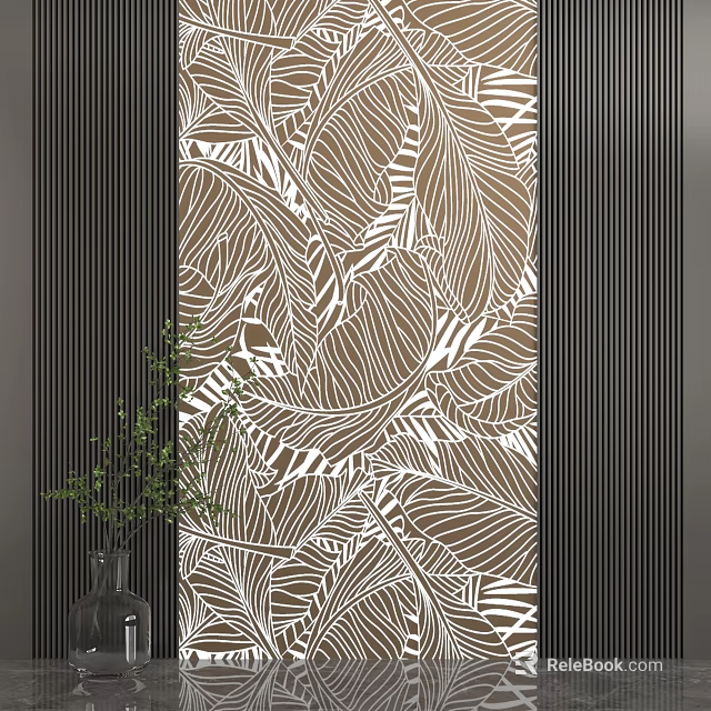 Modern Leaf Pattern Wall Design With Black Vertical Stripes And Green Potted Plant 3d model 