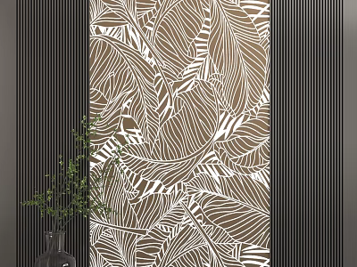 Modern Leaf Pattern Wall Design With Black Vertical Stripes And Green Potted Plant 3d model