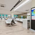 Modern Service Hall Interior With Waiting Seats Service Windows Information Display And Wooden Flooring
