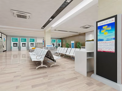 Modern Service Hall Interior With Waiting Seats Service Windows Information Display And Wooden Flooring 3d model