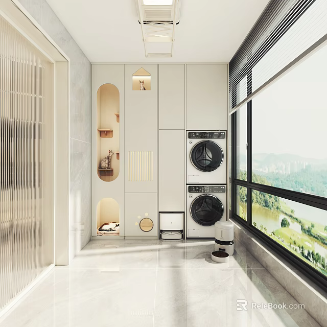 Modern Laundry Room Interior With Storage Cabinets Washing Machine Dryer And Window View 3d model