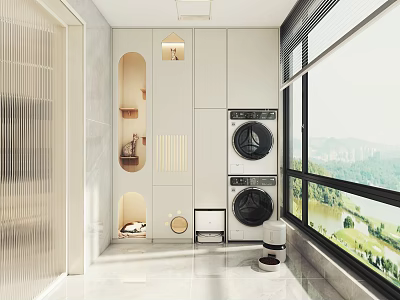 Modern Laundry Room Interior With Storage Cabinets Washing Machine Dryer And Window View 3d model
