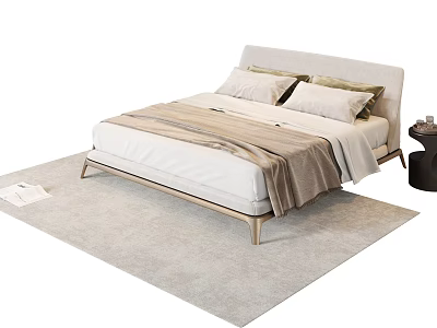 Modern Minimalist Double Bed With Wooden Frame Light Headboard White Bedding And Brown Blanket 3d model