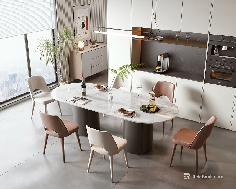 Modern Dining Table Set With Round Marble Top Four Beige Brown Chairs In Open Kitchen 3d model