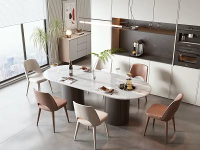 Modern Dining Table Set With Round Marble Top Four Beige Brown Chairs In Open Kitchen 3d model