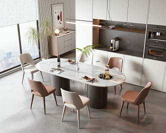 Modern Dining Table and Chair Combination Dining Table Dining Chair Side Cabinet Entrance Cabinet Green Plant Ornaments Bowl Chopsticks Wine Glass Knife and Fork 3d model