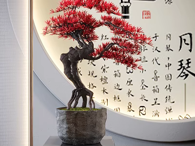Bonsai Plant with Red Leaves Dark Trunk in Gray Pot Against Circular Calligraphy Wall 3d model