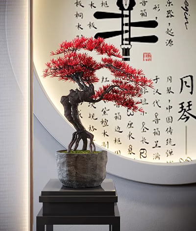 Bonsai Plant with Red Leaves Dark Trunk in Gray Pot Against Circular Calligraphy Wall 3d model