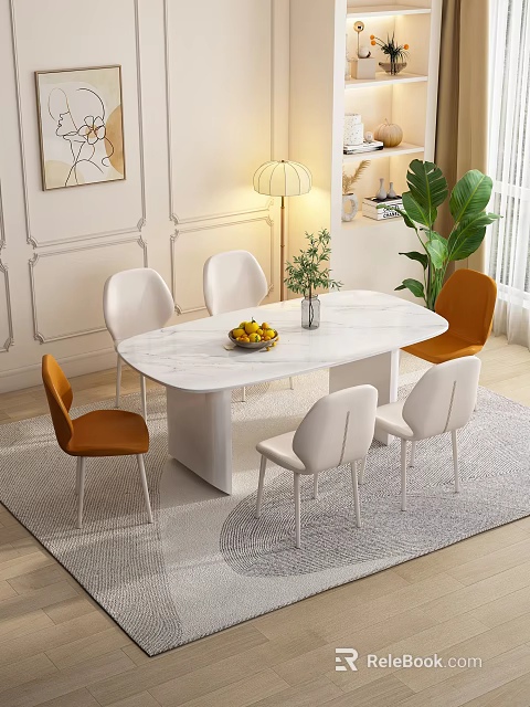 Elegant Marble Top Dining Table Set With White And Orange Chairs Fruit Bowl And Vase 3d model 