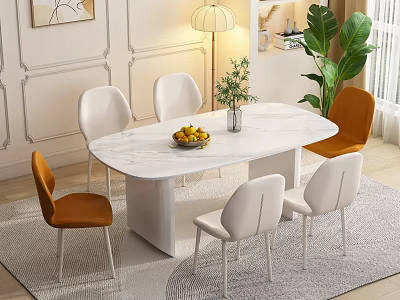Elegant Marble Top Dining Table Set With White And Orange Chairs Fruit Bowl And Vase 3d model
