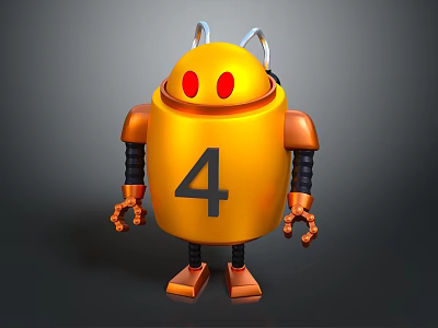 Yellow Robot Sculpture Featuring Red Eyes Number 4 Orange Arms and Legs 3d model