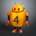 Yellow Robot Sculpture Featuring Red Eyes Number 4 Orange Arms and Legs