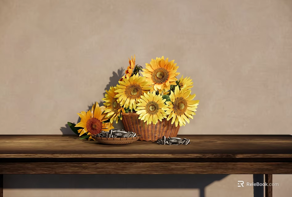 Vibrant Sunflower Bouquet In Wicker Basket With Seeds On Wooden Table Against Light Wall 3d model 