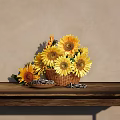Vibrant Sunflower Bouquet In Wicker Basket With Seeds On Wooden Table Against Light Wall
