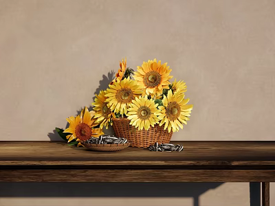 Vibrant Sunflower Bouquet In Wicker Basket With Seeds On Wooden Table Against Light Wall 3d model