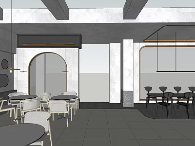 Modern Restaurant Interior With Concrete Ceiling Beams Arched Doorway And Pendant Lights 3d model