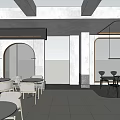 Modern Restaurant Interior With Concrete Ceiling Beams Arched Doorway And Pendant Lights