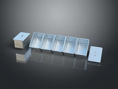 Silver Metal Rectangular Storage Boxes with One Open Lid on Smooth Black Reflective Surface 3d model