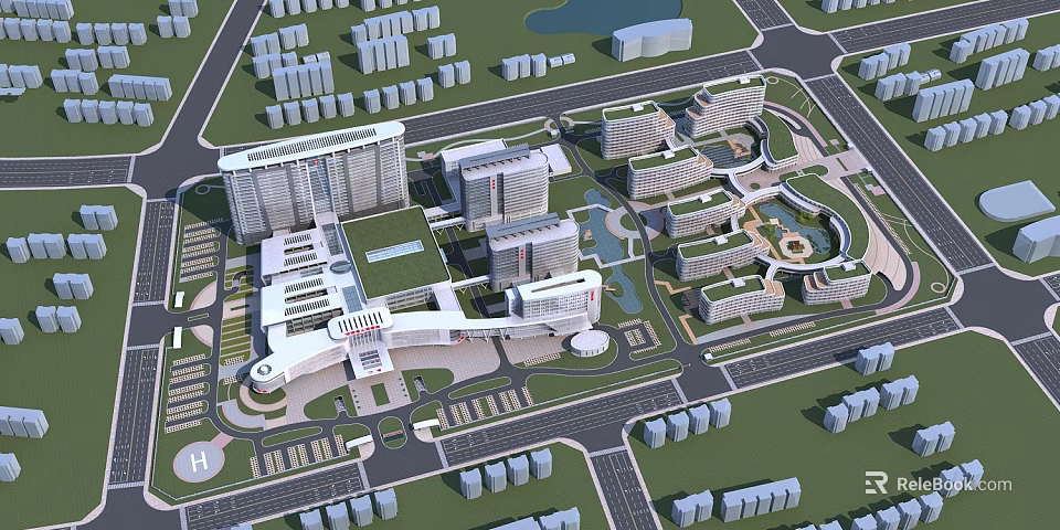 Modern Hospital Buildings Campus Layout With Green Spaces Parking Areas And Water Features 3d model 