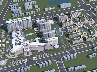 Modern Hospital Buildings Campus Layout With Green Spaces Parking Areas And Water Features 3d model