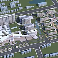 Modern Hospital Buildings Campus Layout With Green Spaces Parking Areas And Water Features