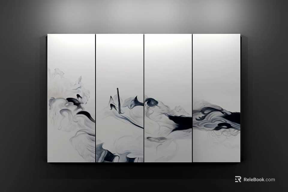 Four Panel Abstract Wall Art With Black And White Flowing Ink Patterns 3d model