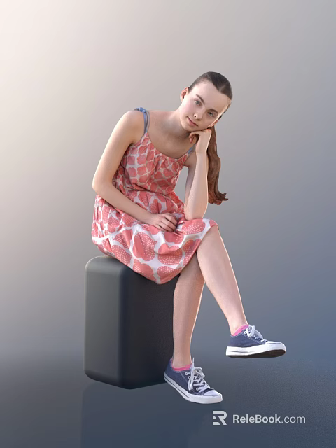 Little Girl in pink dress with white patterns sitting on black cube wearing blue sneakers 3d model 
