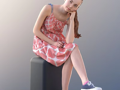 Little Girl in pink dress with white patterns sitting on black cube wearing blue sneakers 3d model