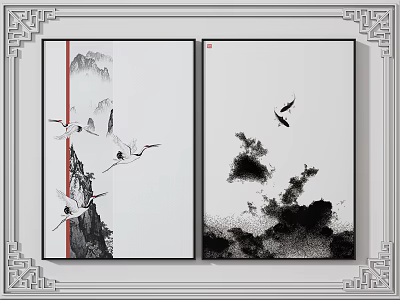 Chinese Style Animal Ink Paintings With Cranes Flying Birds And Mountain Water Elements 3d model