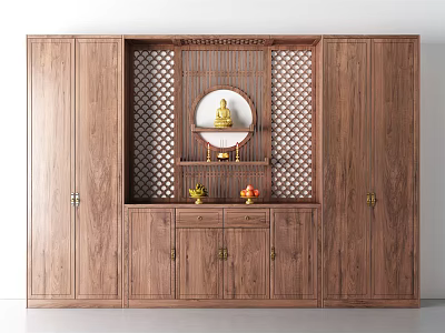 Traditional Wooden Buddhist Shrine Cabinet With Lattice Design Buddha Statue And Fruit Offerings 3d model