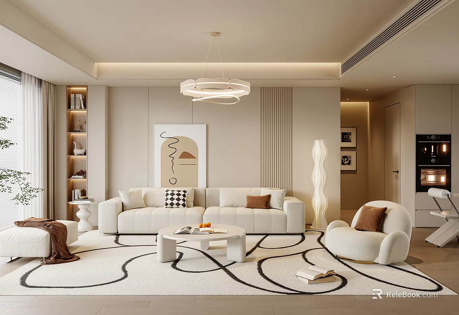 Modern Living Room With White Sofa Black And White Patterned Rug Chandelier And Wall Artwork 3d model 