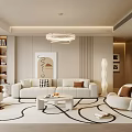 Modern Living Room With White Sofa Black And White Patterned Rug Chandelier And Wall Artwork