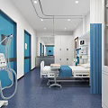 Hospital Ward Interior With Medical Beds Blue Curtains White Walls And Equipment