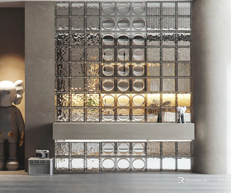 Modern Interior Glass Block Wall Design With Transparent Blocks And Backlit Counter 3d model 