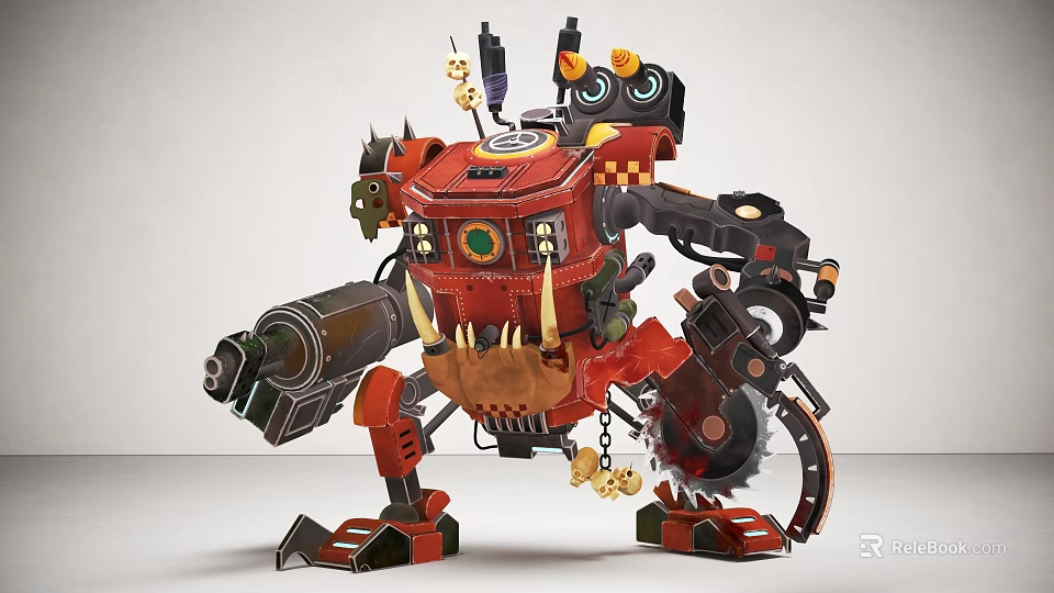 Red Smart Machine Mechanical Design With Cannon Arm Gears Chains And Large Eyes 3d model 