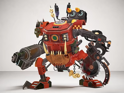 Red Smart Machine Mechanical Design With Cannon Arm Gears Chains And Large Eyes 3d model