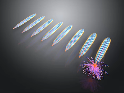 Aquatic Animals With Slender Blue Pink Stripes Arranged In Row And Radial Structure Dark Background 3d model