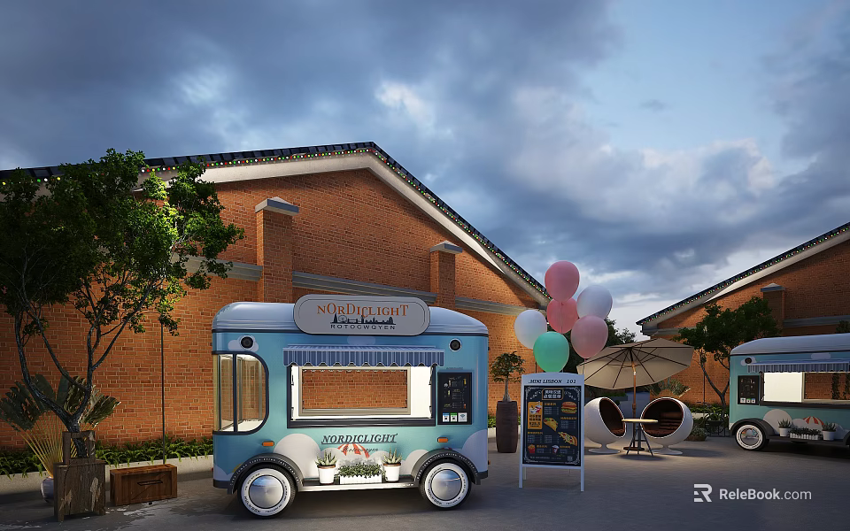 Vibrant Commercial Street With Food Trucks Colorful Balloons Brick Buildings And Outdoor Seating Areas 3d model 