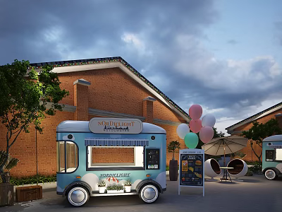 Vibrant Commercial Street With Food Trucks Colorful Balloons Brick Buildings And Outdoor Seating Areas 3d model