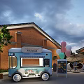 Vibrant Commercial Street With Food Trucks Colorful Balloons Brick Buildings And Outdoor Seating Areas