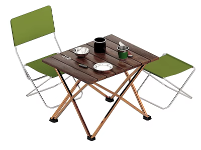 Portable Folding Dining Set with Wooden Table and Green Metal Chairs 3d model