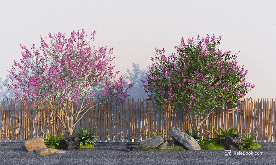 Pink Blooming Arbor Trees With Bamboo Fence Stones Small Lamp And Green Plants 3d model 