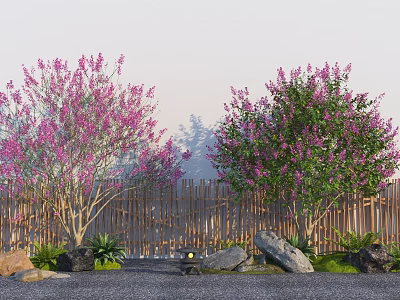 Pink Blooming Arbor Trees With Bamboo Fence Stones Small Lamp And Green Plants 3d model
