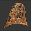Ancient Weapon Helmet Featuring Ornate Orange Carved Details And Intricate Patterns