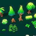 Wooden and Stone Elements with Various Trees Shrubs Rocks and Natural Shapes