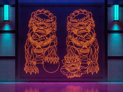 Neon Lion Shaped Decorative Lights With Blue Strip Illumination On Dark Indoor Wall 3d model