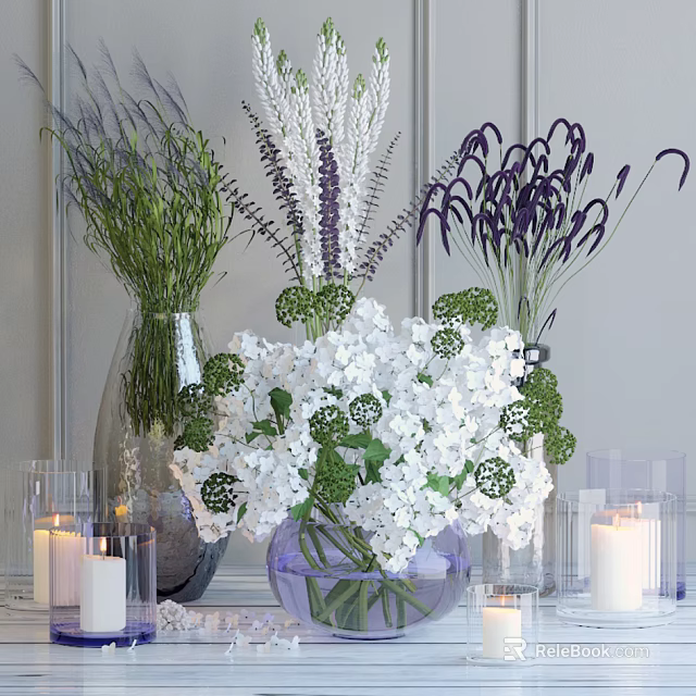 White Hydrangea and Purple Lavender Flowers in Glass Vase with Green Leaves and Candles 3d model 