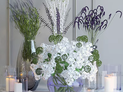 White Hydrangea and Purple Lavender Flowers in Glass Vase with Green Leaves and Candles 3d model