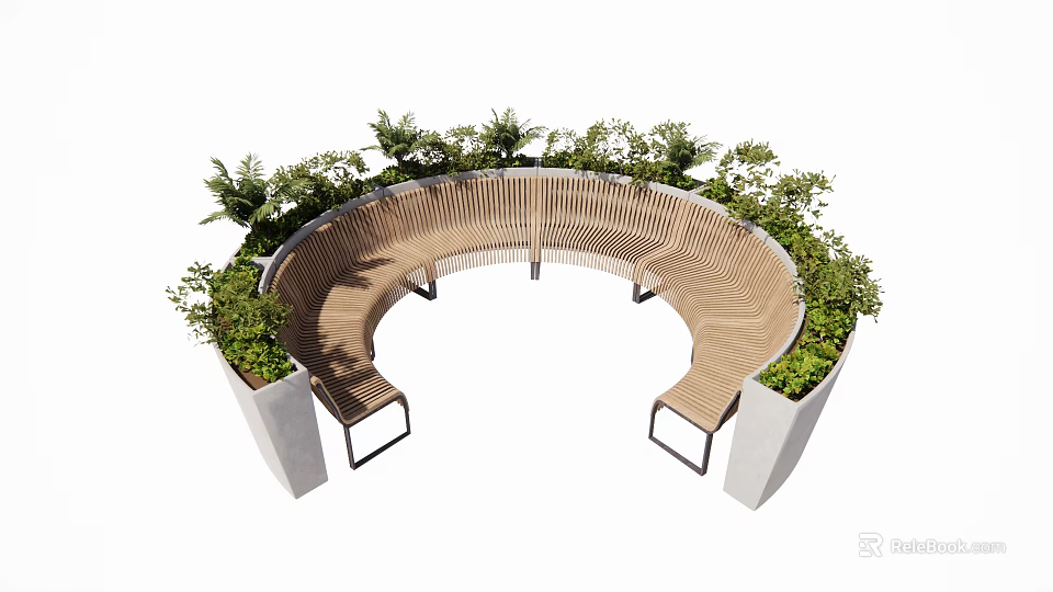 Curved Wooden Landscape Seating With Green Plants And Concrete Planters Outdoor Design 3d model 